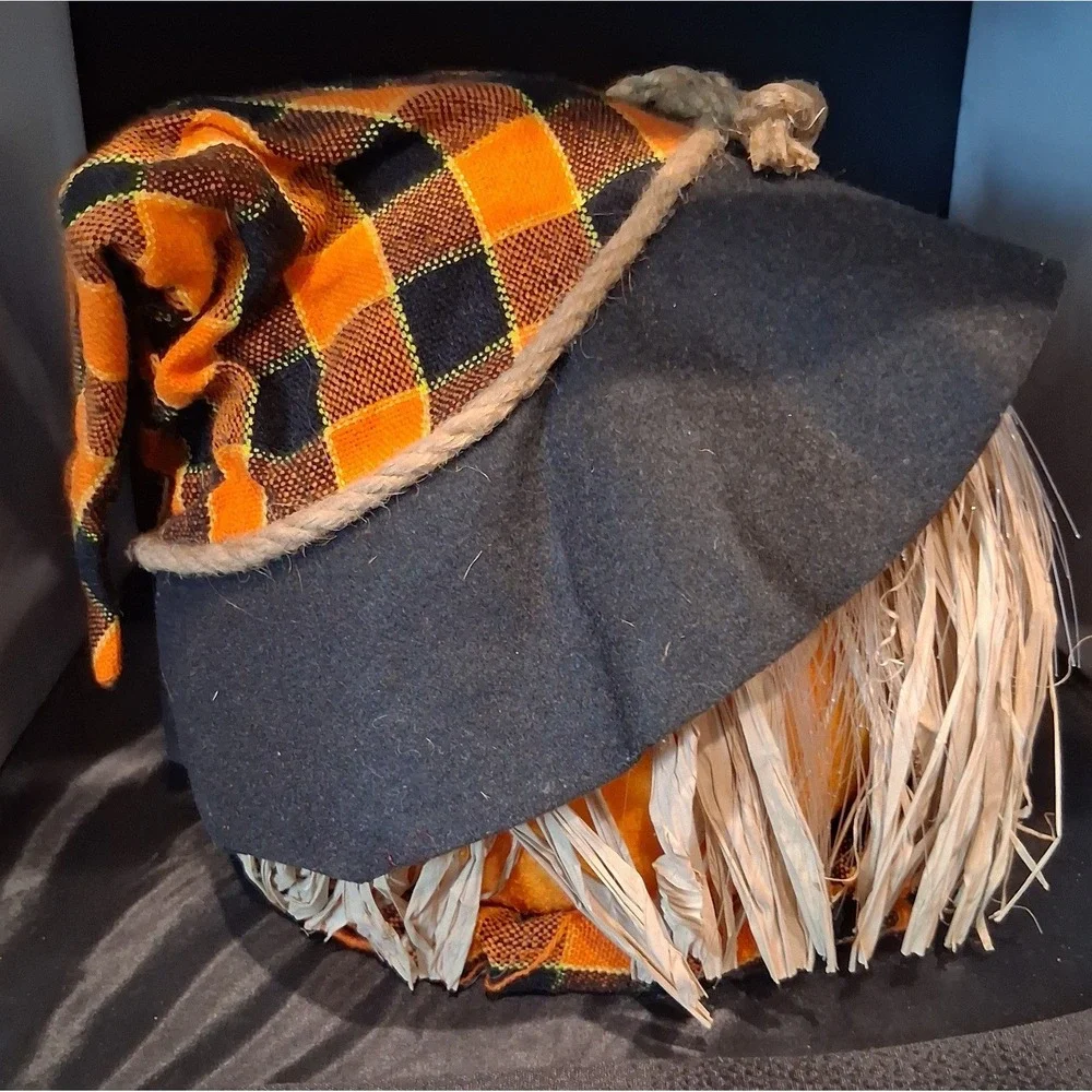 Vintage Halloween Scarecrow Pumpkin Light Jack-O-Lantern Plaid Hat 8.5